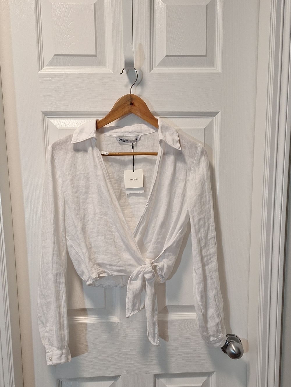Zara 100% Linen Cropped  Tie-Front Collared Wrap Blouse